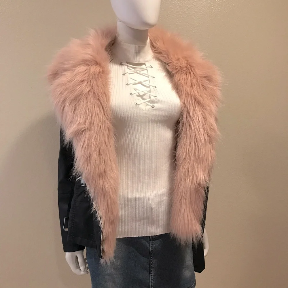 Black Faux Leather Jacket Pink Faux Fur Collar Womens Small US 4 Crop Moto Rebel - Picture 6 of 16